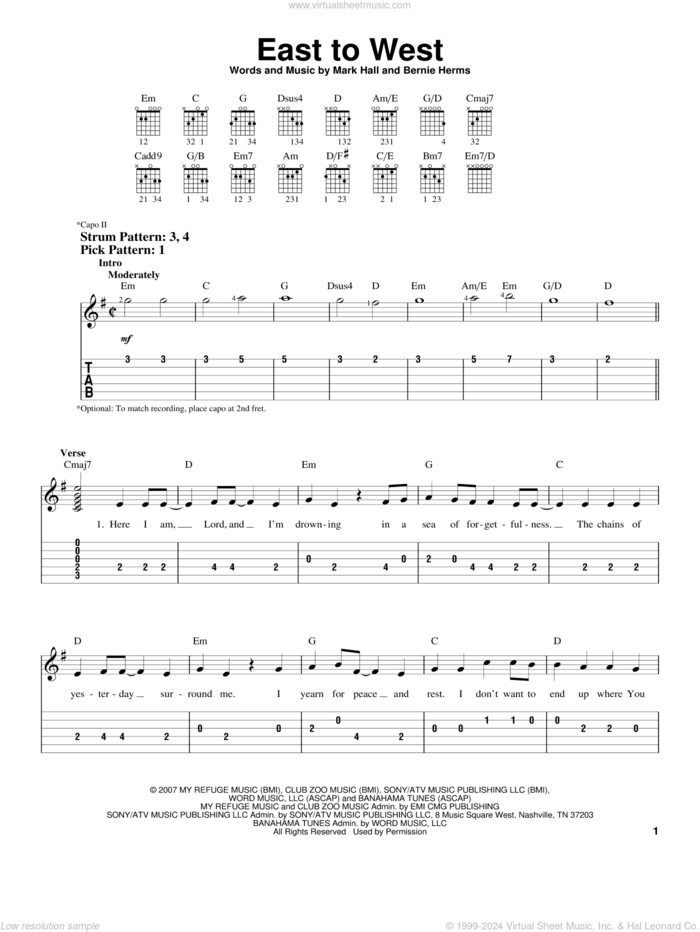 East To West sheet music for guitar solo (easy tablature) by Casting Crowns, Bernie Herms and Mark Hall, easy guitar (easy tablature)