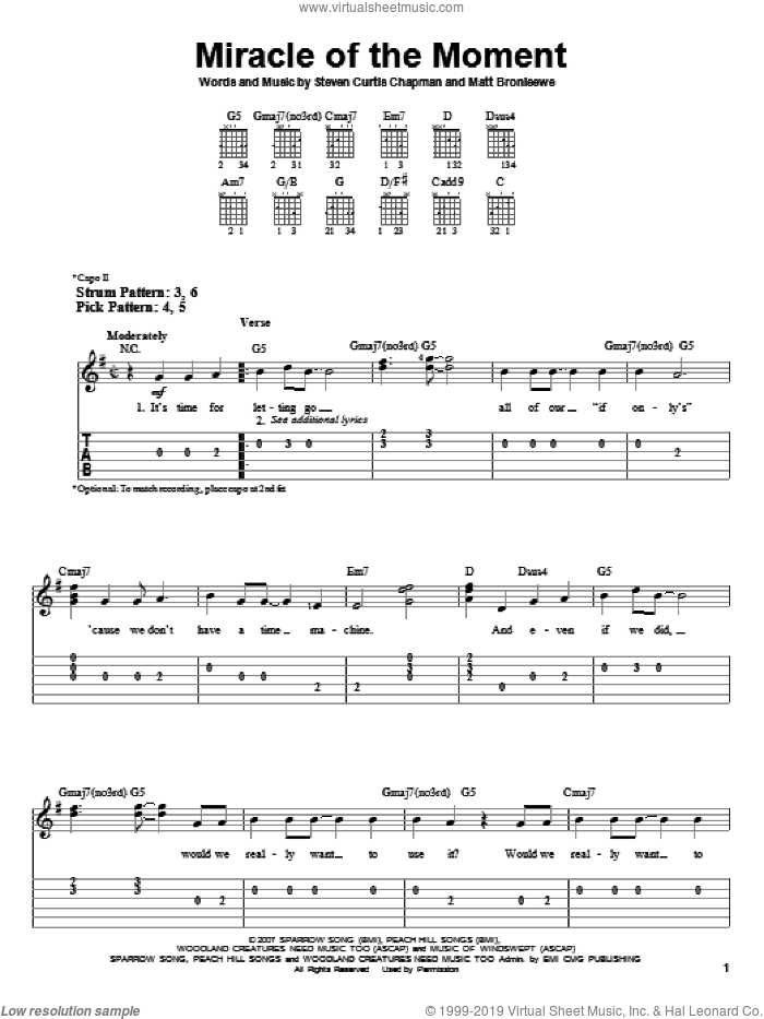 Miracle Of The Moment sheet music for guitar solo (easy tablature) by Steven Curtis Chapman and Matt Bronleewe, easy guitar (easy tablature)