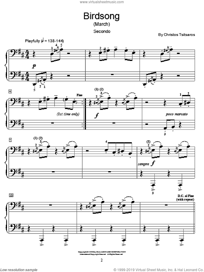 Birdsong (March) sheet music for piano four hands by Christos Tsitsaros and Miscellaneous, intermediate skill level