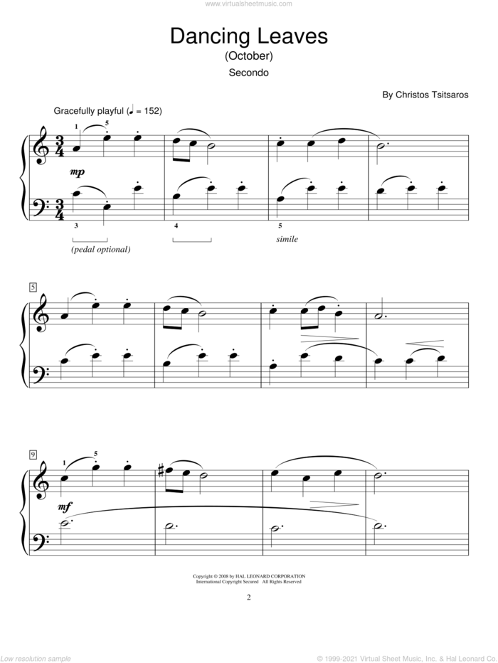 Dancing Leaves (October) sheet music for piano four hands by Christos Tsitsaros and Miscellaneous, intermediate skill level
