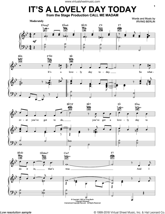 It's A Lovely Day Today sheet music for voice, piano or guitar by Irving Berlin and Elmo Hope, intermediate skill level