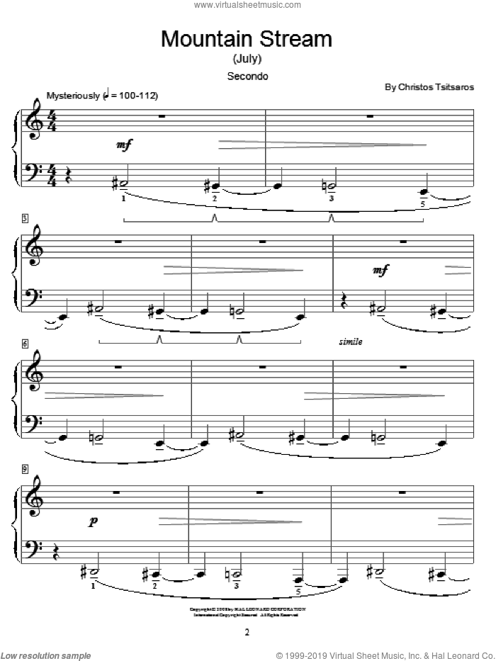 Mountain Stream (July) sheet music for piano four hands by Christos Tsitsaros and Miscellaneous, intermediate skill level