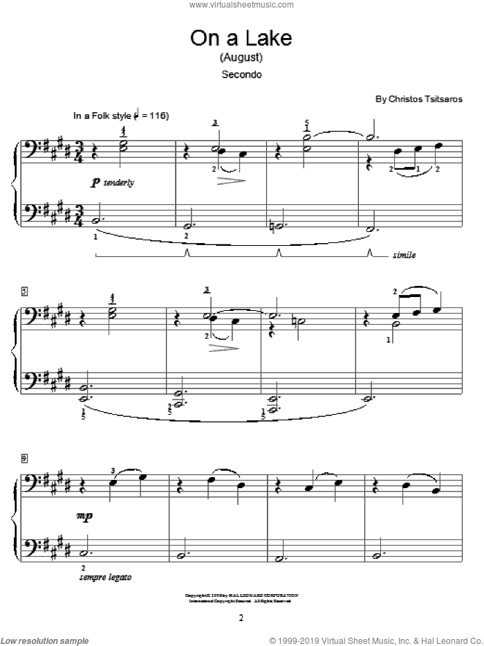 On A Lake (August) sheet music for piano four hands by Christos Tsitsaros and Miscellaneous, intermediate skill level