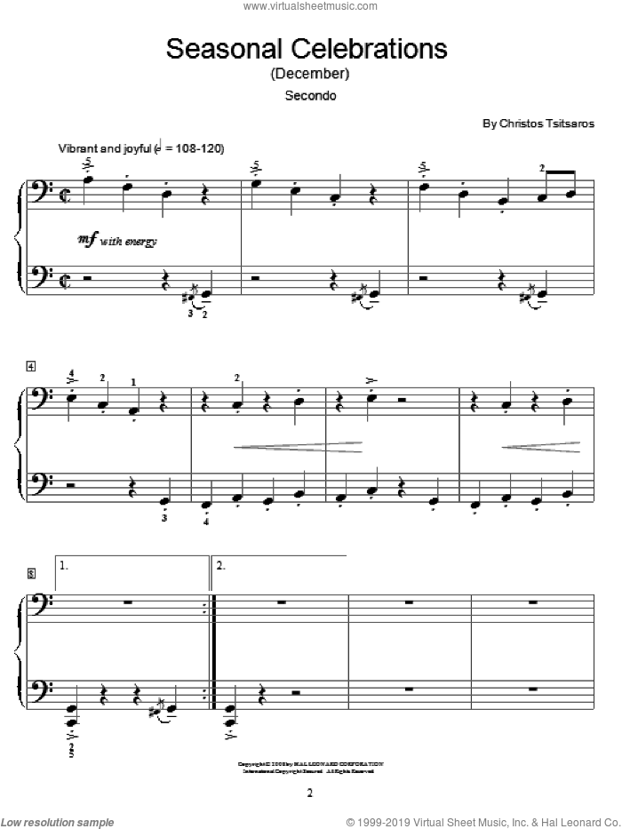 Seasonal Celebrations (December) sheet music for piano four hands by Christos Tsitsaros and Miscellaneous, intermediate skill level
