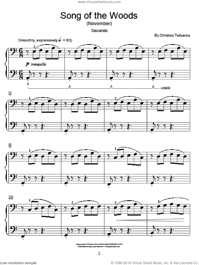 Song Of The Woods (November) sheet music for piano four hands by Christos Tsitsaros and Miscellaneous, intermediate skill level