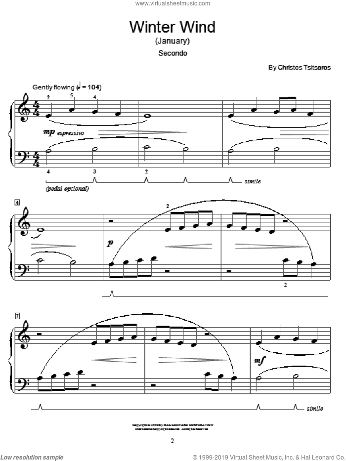Winter Wind (January) sheet music for piano four hands by Christos Tsitsaros and Miscellaneous, intermediate skill level