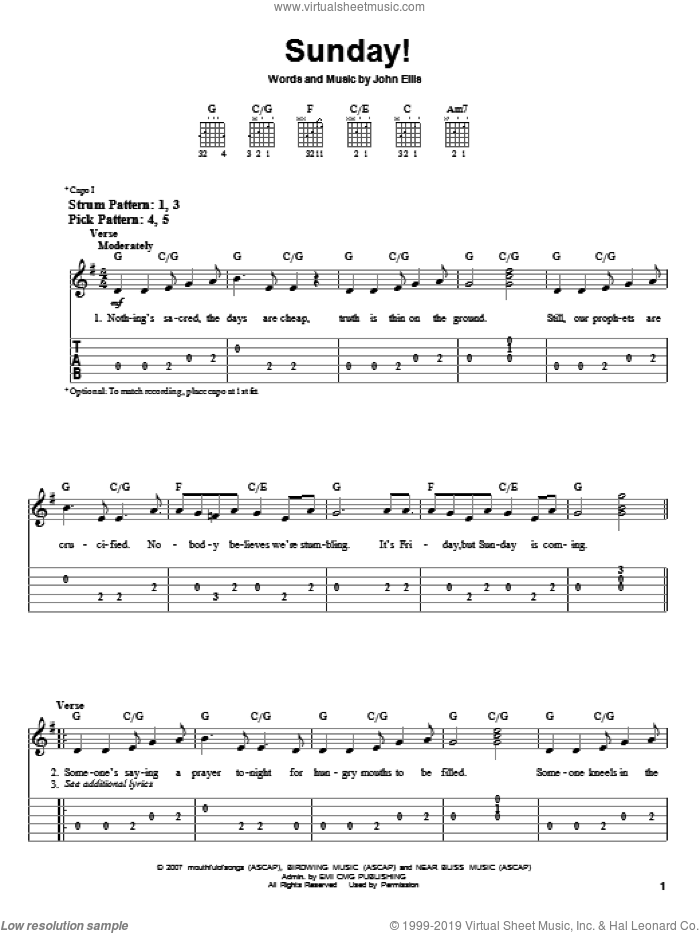 Sunday! sheet music for guitar solo (easy tablature) by Tree63 and John Ellis, easy guitar (easy tablature)