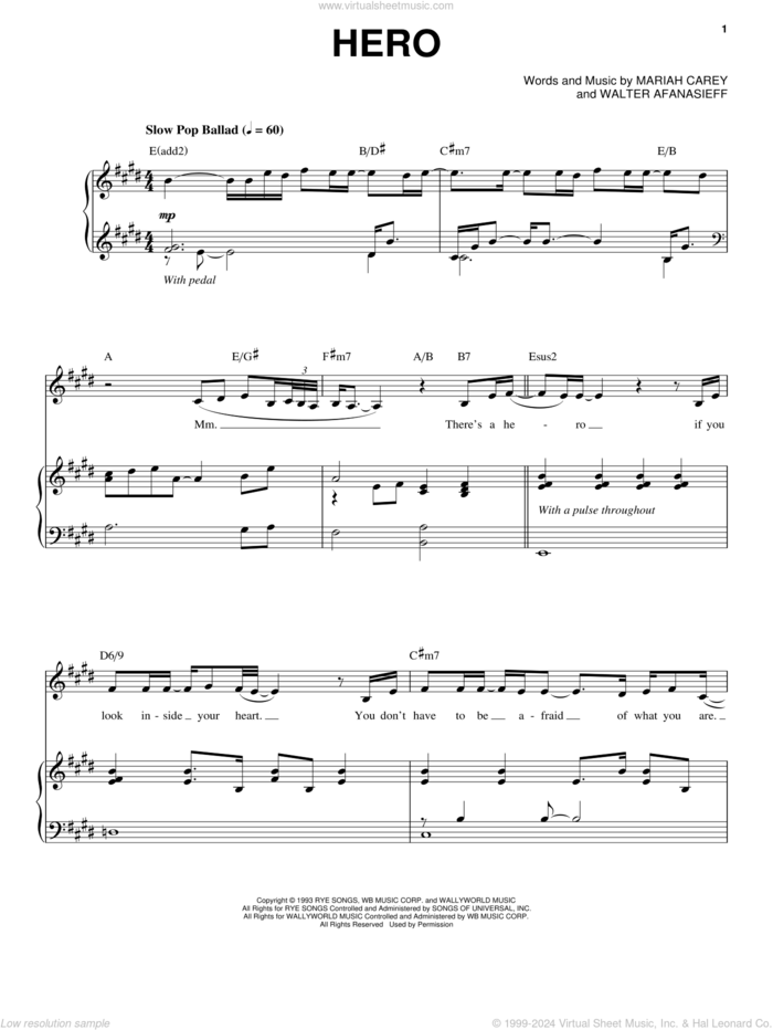 Hero sheet music for voice, piano or guitar by Mariah Carey and Walter Afanasieff, wedding score, intermediate skill level