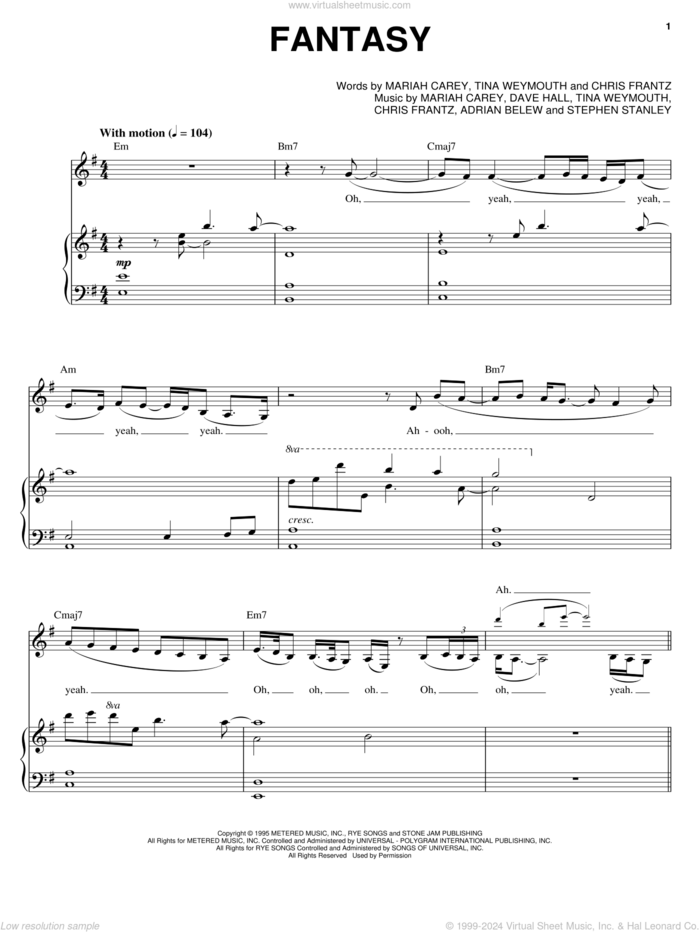 Fantasy sheet music for voice, piano or guitar by Mariah Carey, Adrian Belew, Chris Frantz, Dave Hall, Stephen Stanley and Tina Weymouth, intermediate skill level