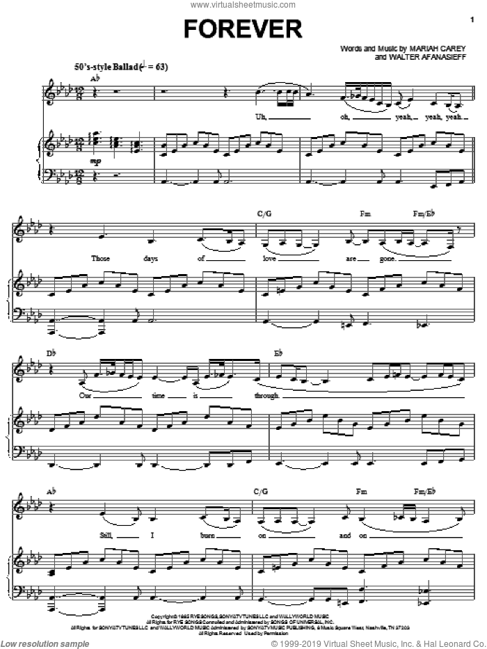 Forever sheet music for voice, piano or guitar by Mariah Carey and Walter Afanasieff, intermediate skill level
