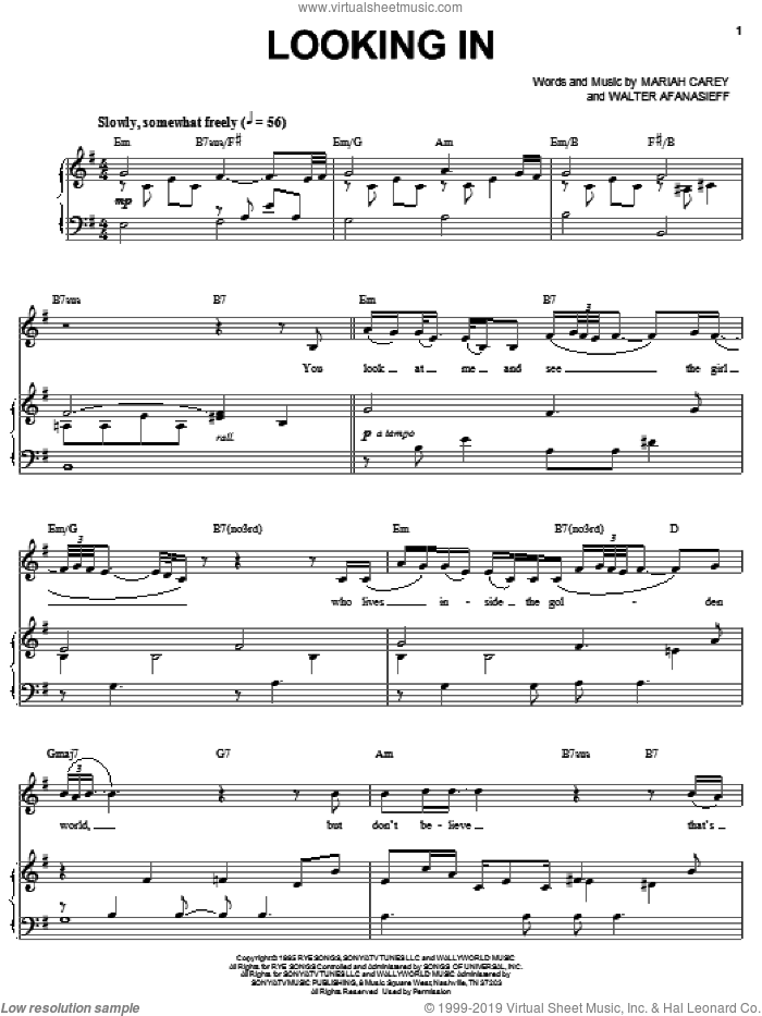 Looking In sheet music for voice, piano or guitar by Mariah Carey and Walter Afanasieff, intermediate skill level