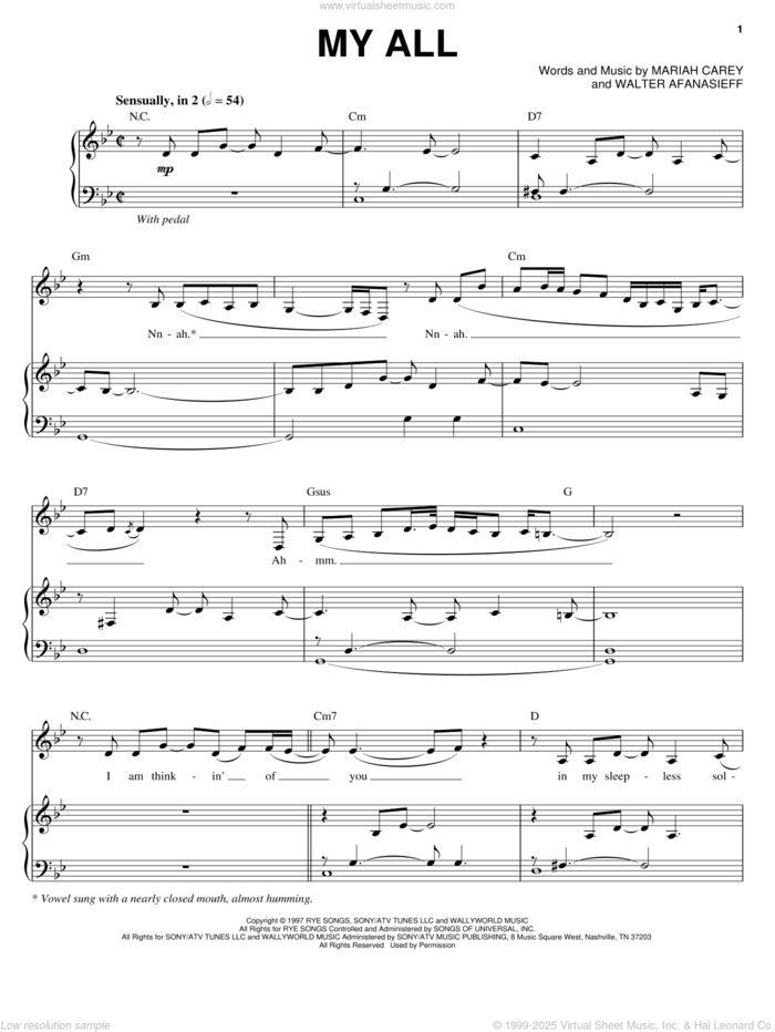 My All sheet music for voice, piano or guitar by Mariah Carey and Walter Afanasieff, intermediate skill level