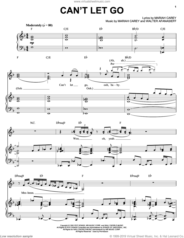 Can't Let Go sheet music for voice and piano by Mariah Carey and Walter Afanasieff, intermediate skill level
