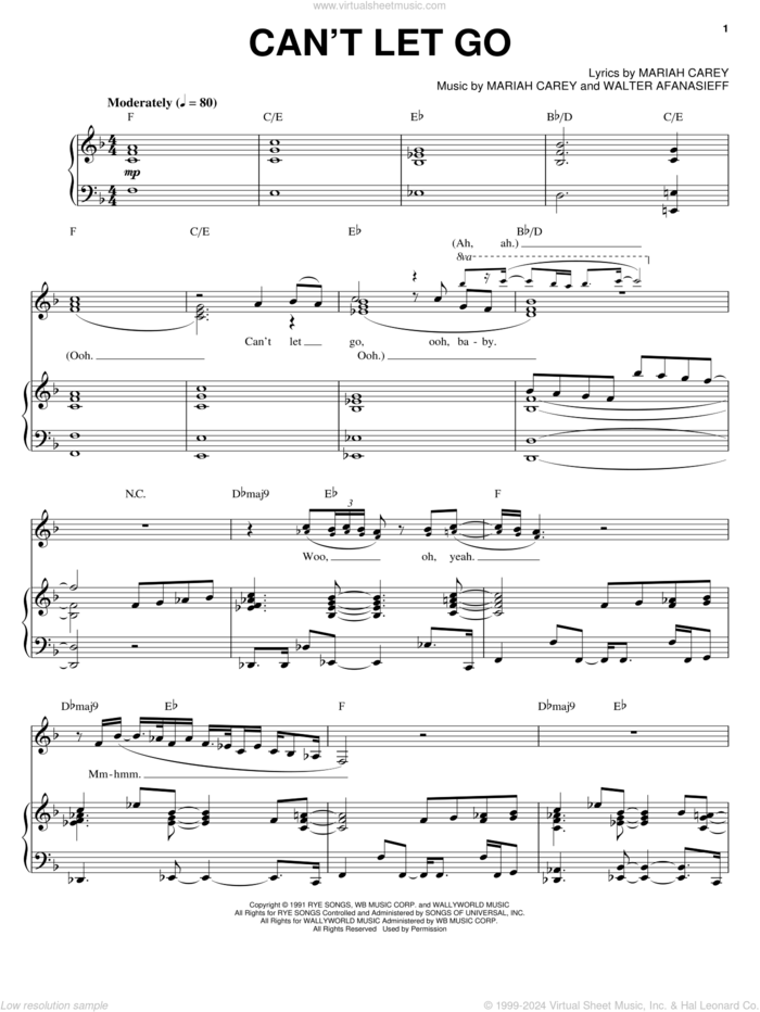 Can't Let Go sheet music for voice and piano by Mariah Carey and Walter Afanasieff, intermediate skill level