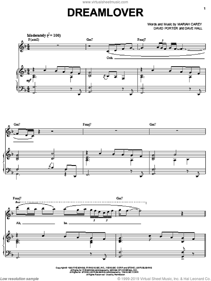 Dreamlover sheet music for voice, piano or guitar by Mariah Carey, Dave Hall and David Porter, intermediate skill level