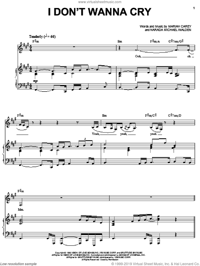 I Don't Wanna Cry sheet music for voice, piano or guitar by Mariah Carey and Narada Michael Walden, intermediate skill level