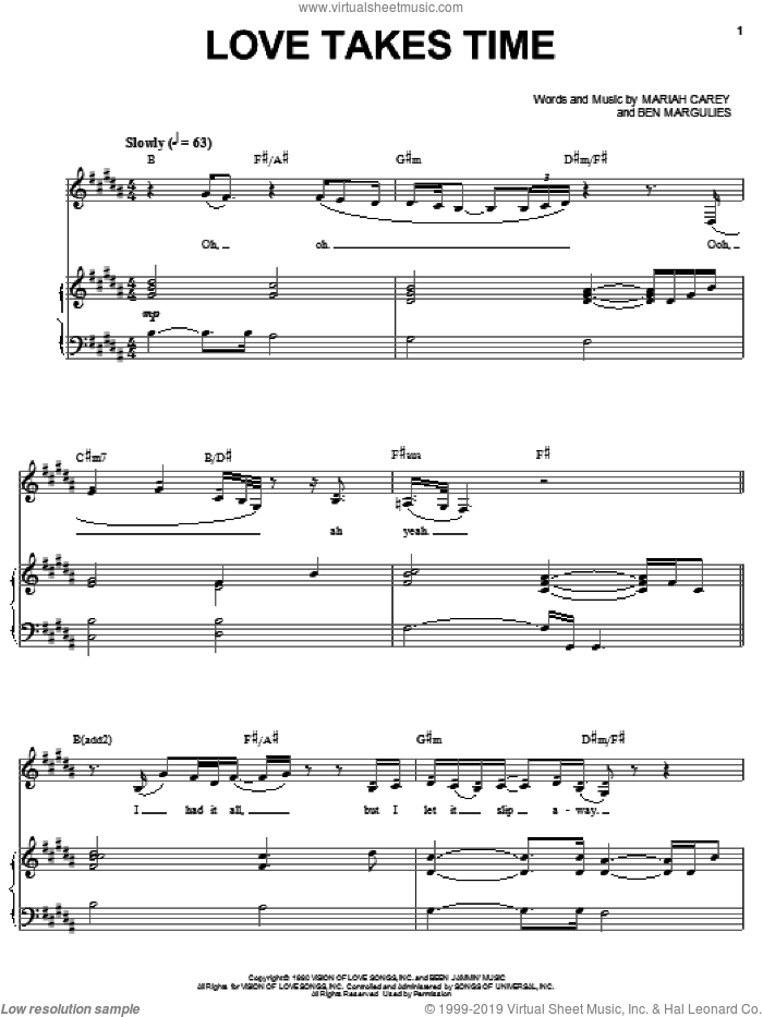 Love Takes Time sheet music for voice, piano or guitar by Mariah Carey and Ben Margulies, intermediate skill level