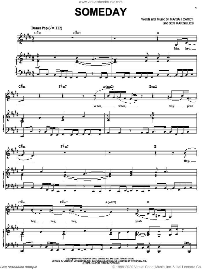 Someday sheet music for voice, piano or guitar by Mariah Carey and Ben Margulies, intermediate skill level