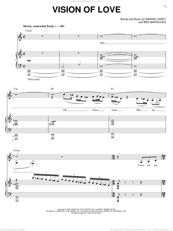 Vision Of Love sheet music for voice, piano or guitar by Mariah Carey and Ben Margulies, intermediate skill level