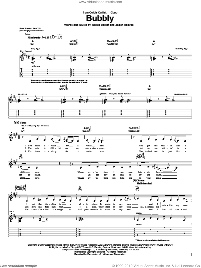 Bubbly sheet music for guitar (tablature) by Colbie Caillat and Jason Reeves, intermediate skill level