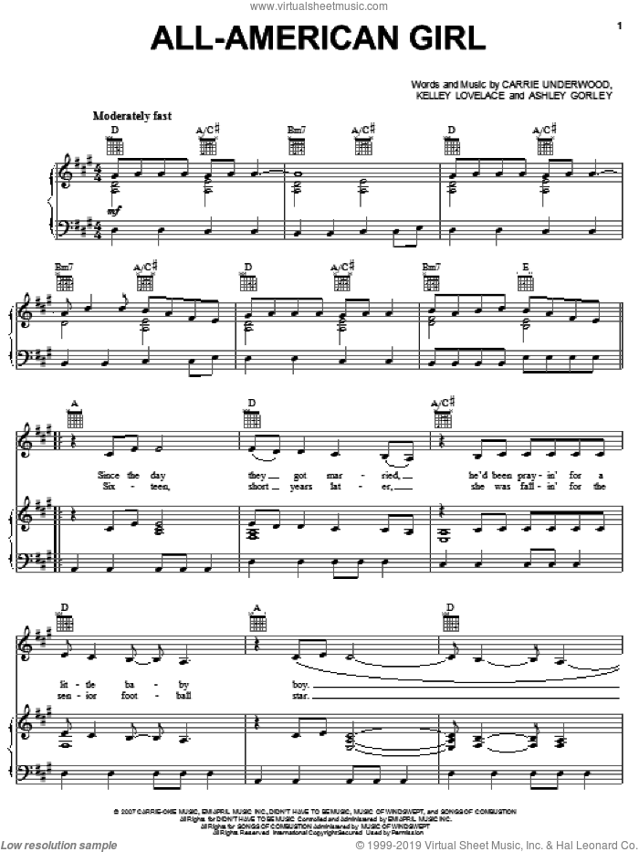 All-American Girl sheet music for voice, piano or guitar by Carrie Underwood, Ashley Gorley and Kelley Lovelace, intermediate skill level