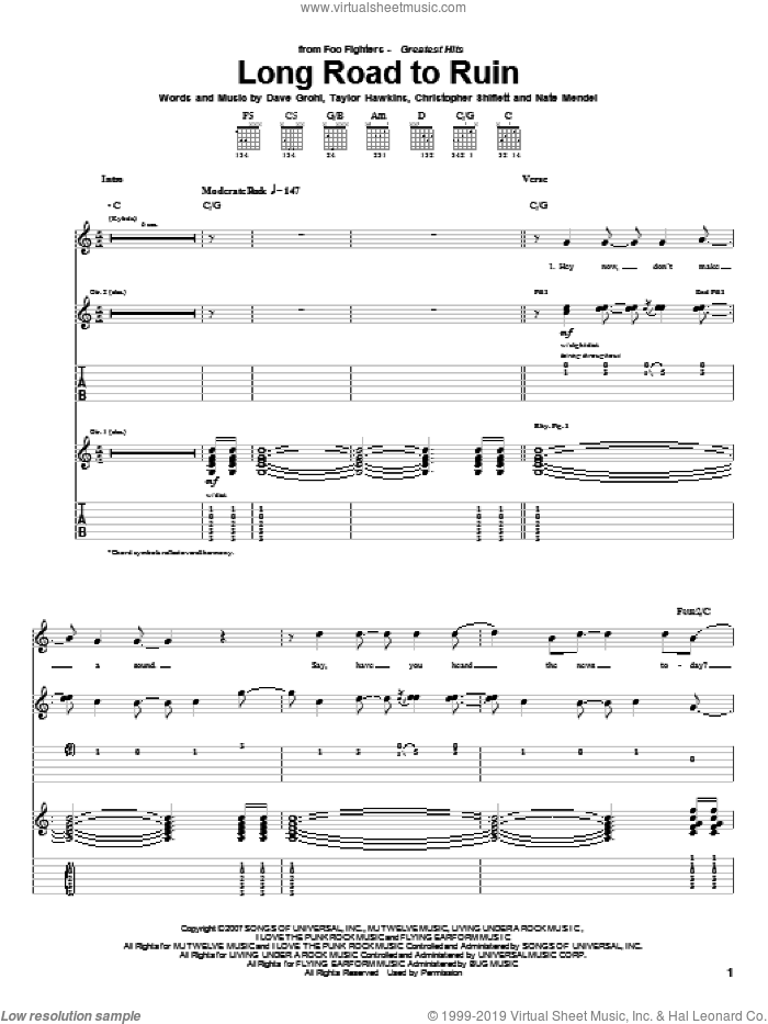 Long Road To Ruin sheet music for guitar (tablature) by Foo Fighters, Christopher Shiflett, Dave Grohl, Nate Mendel and Taylor Hawkins, intermediate skill level