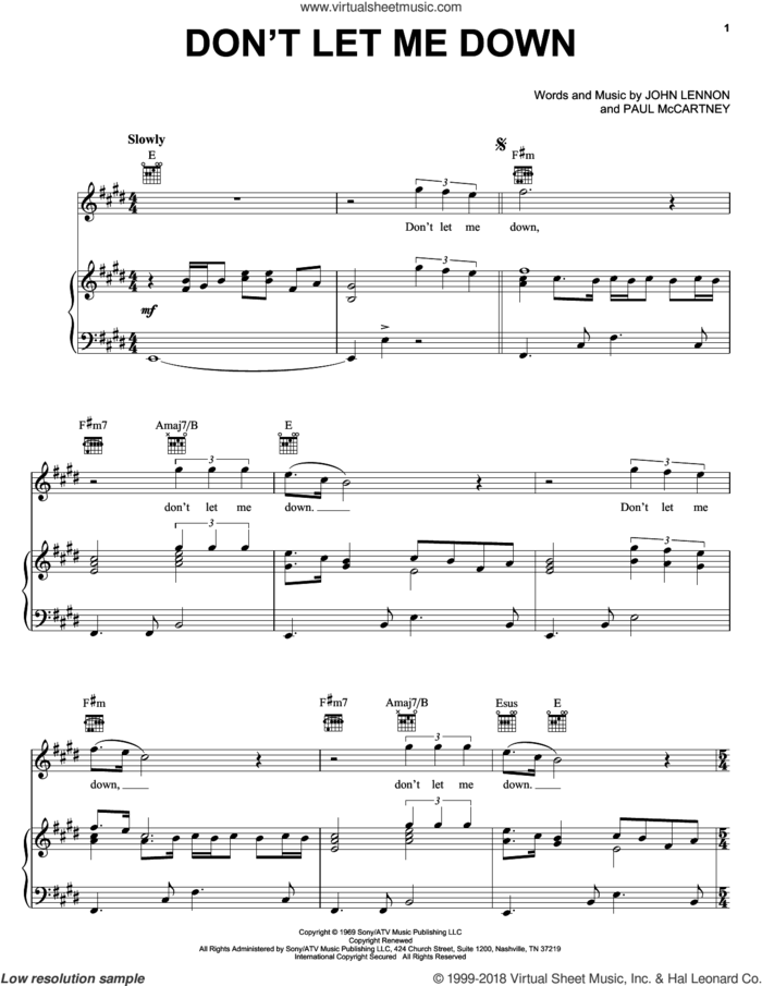 Don't Let Me Down sheet music for voice, piano or guitar by The Beatles, Across The Universe (Movie), John Lennon and Paul McCartney, intermediate skill level