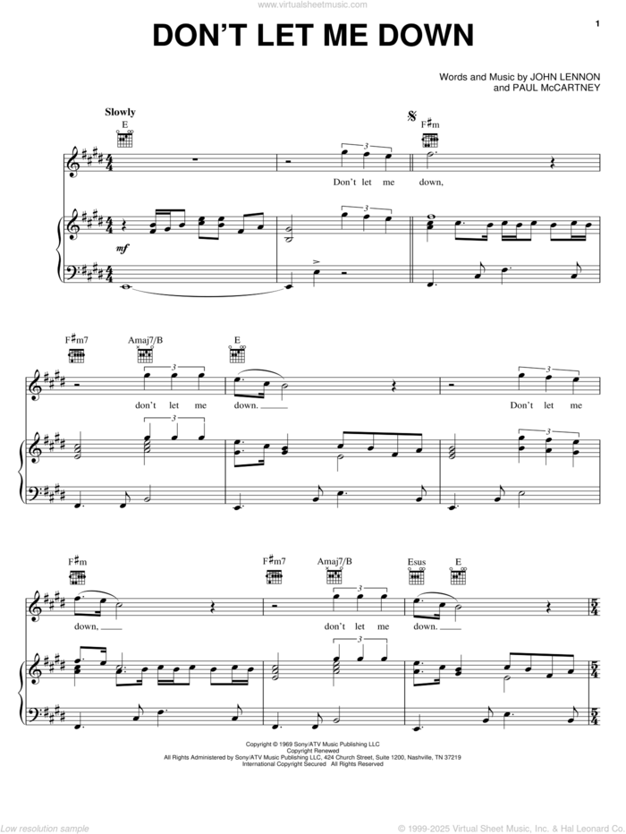 Don't Let Me Down sheet music for voice, piano or guitar by The Beatles, Across The Universe (Movie), John Lennon and Paul McCartney, intermediate skill level