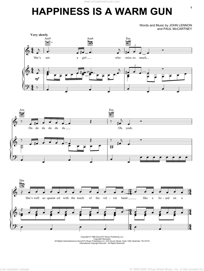 Happiness Is A Warm Gun sheet music for voice, piano or guitar by The Beatles, Across The Universe (Movie), John Lennon and Paul McCartney, intermediate skill level