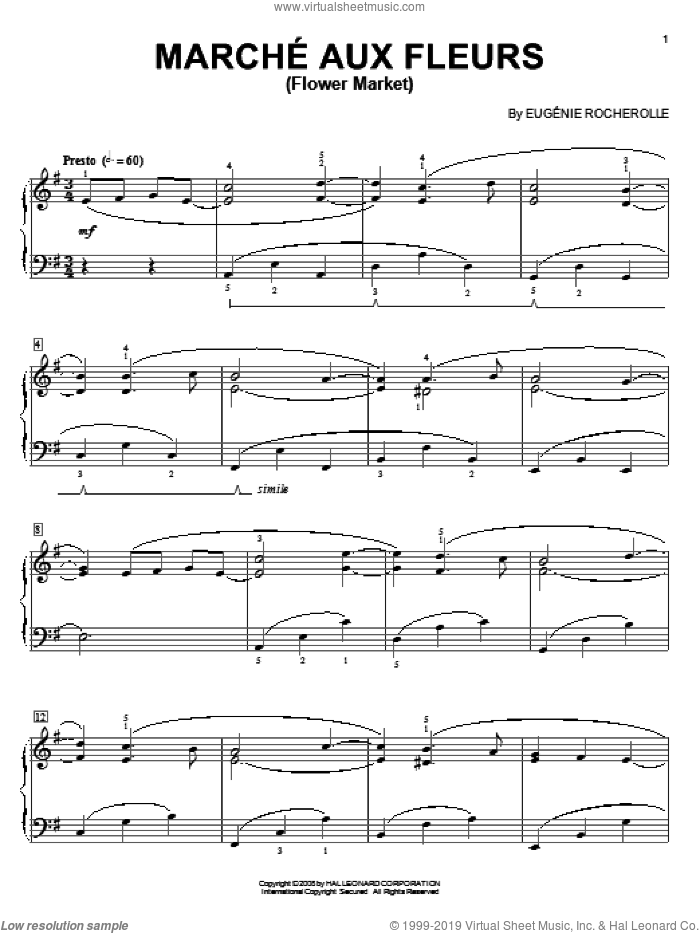 Marche Aux Fleurs (Flower Market) sheet music for piano solo by Eugenie Rocherolle, intermediate skill level