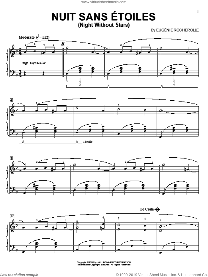 Nuit Sans Etoiles (Night Without Stars) sheet music for piano solo by Eugenie Rocherolle, intermediate skill level