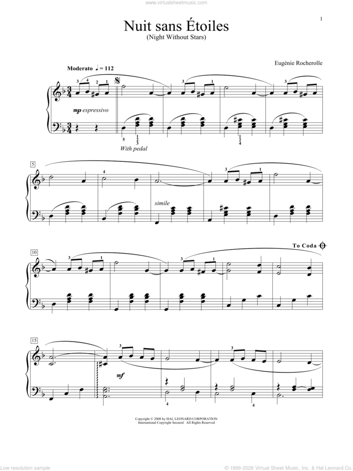 Nuit Sans Etoiles (Night Without Stars) sheet music for piano solo by Eugenie Rocherolle, intermediate skill level