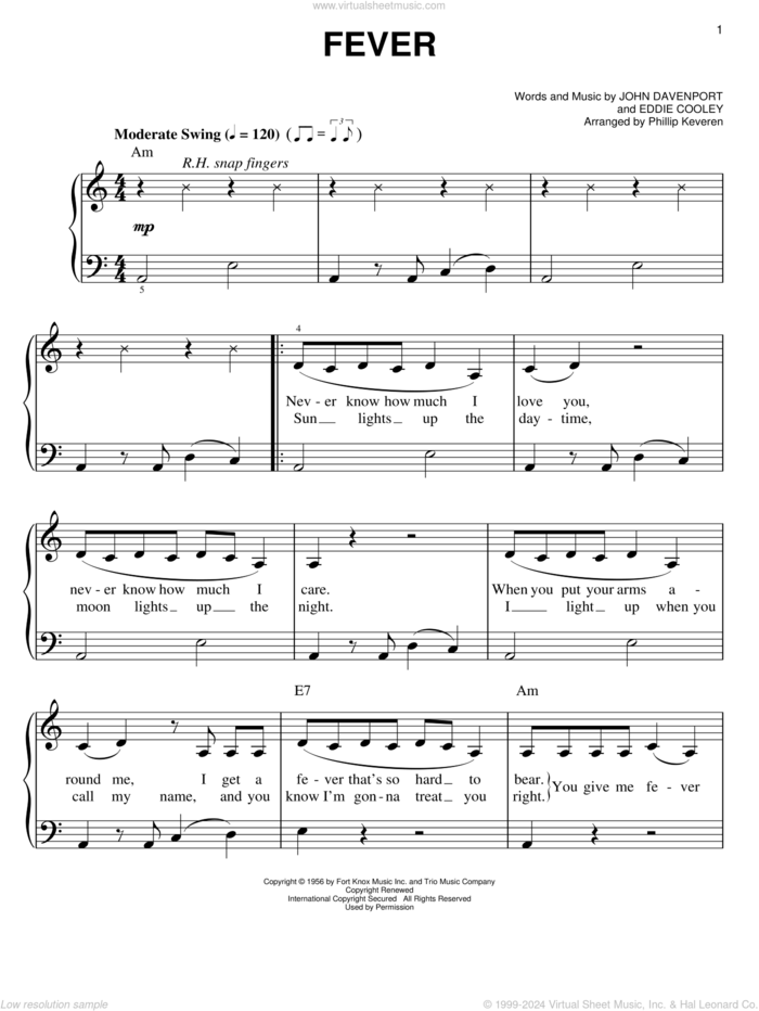 Fever (arr. Phillip Keveren) sheet music for piano solo by Peggy Lee, Phillip Keveren, Eddie Cooley and John Davenport, easy skill level