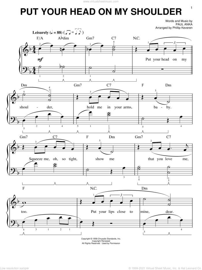 Put Your Head On My Shoulder (arr. Phillip Keveren), (easy) (arr. Phillip Keveren) sheet music for piano solo by Paul Anka and Phillip Keveren, easy skill level