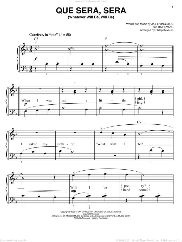 Que Sera, Sera (Whatever Will Be, Will Be) (arr. Phillip Keveren) sheet music for piano solo by Doris Day, Phillip Keveren, Jay Livingston and Ray Evans, easy skill level