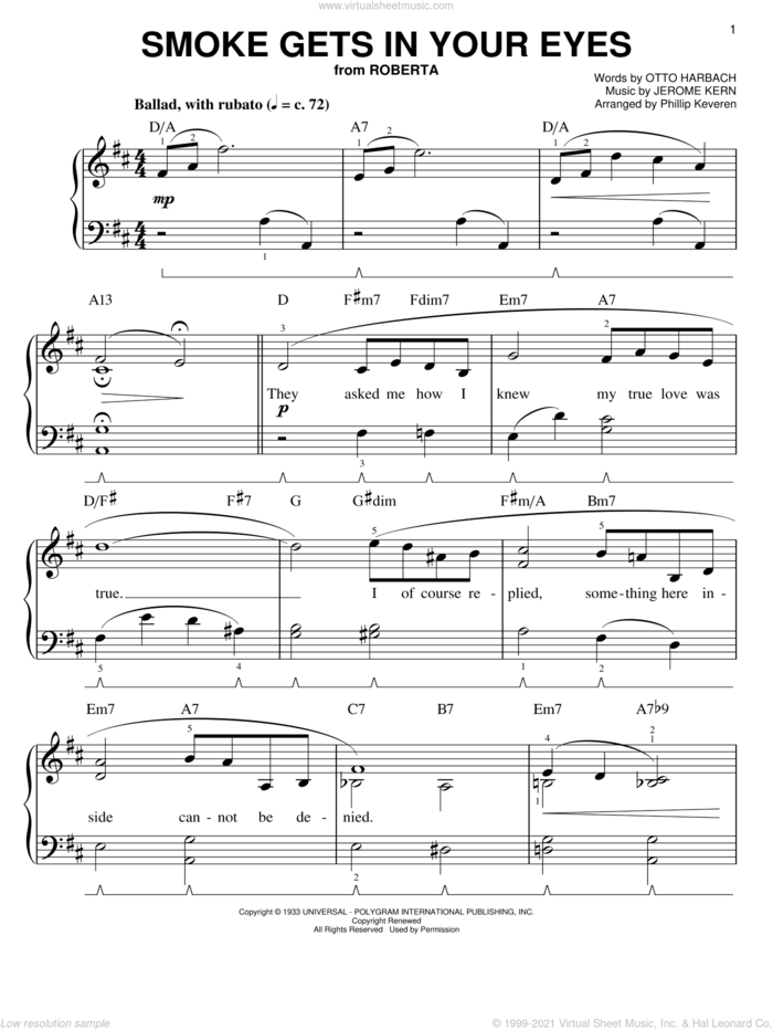 Smoke Gets In Your Eyes (arr. Phillip Keveren) sheet music for piano solo by Jerome Kern, Phillip Keveren, The Platters and Otto Harbach, easy skill level