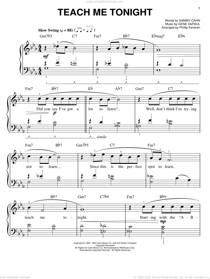 Teach Me Tonight (arr. Phillip Keveren) sheet music for piano solo by Sammy Cahn, Phillip Keveren and Gene DePaul, easy skill level