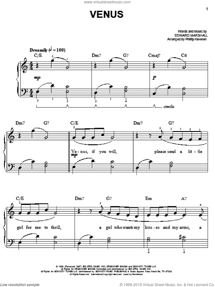 Venus (arr. Phillip Keveren) sheet music for piano solo by Frankie Avalon, Phillip Keveren and Edward Marshall, easy skill level