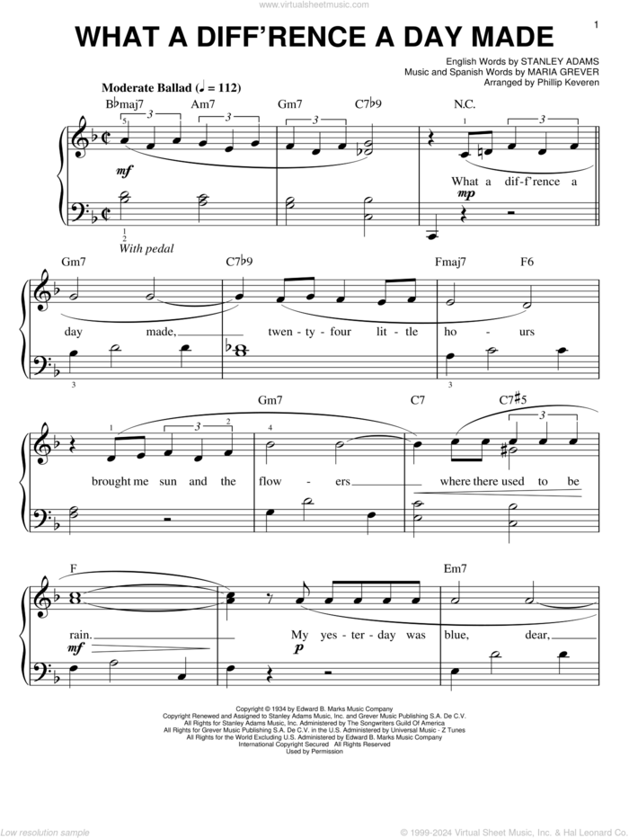 What A Diff'rence A Day Made (arr. Phillip Keveren) sheet music for piano solo by Stanley Adams, Phillip Keveren and Maria Grever, easy skill level