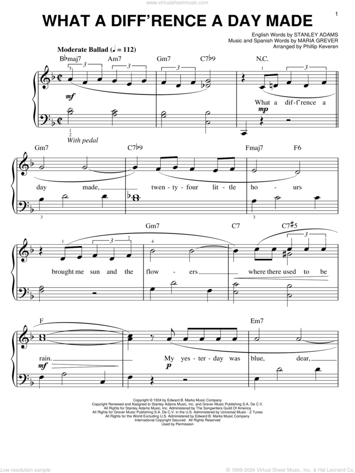 What A Diff'rence A Day Made (arr. Phillip Keveren) sheet music for piano solo by Stanley Adams, Phillip Keveren and Maria Grever, easy skill level