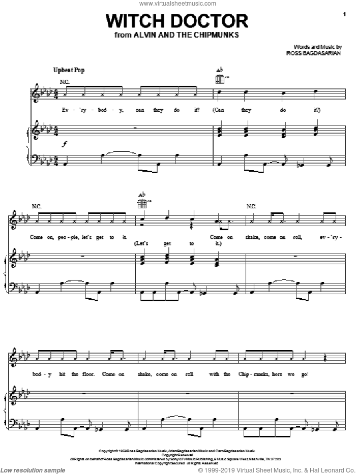 Witch Doctor sheet music for voice, piano or guitar by Alvin And The Chipmunks, Alvin And The Chipmunks (Movie), Chris Classic, Devo and Ross Bagdasarian, intermediate skill level