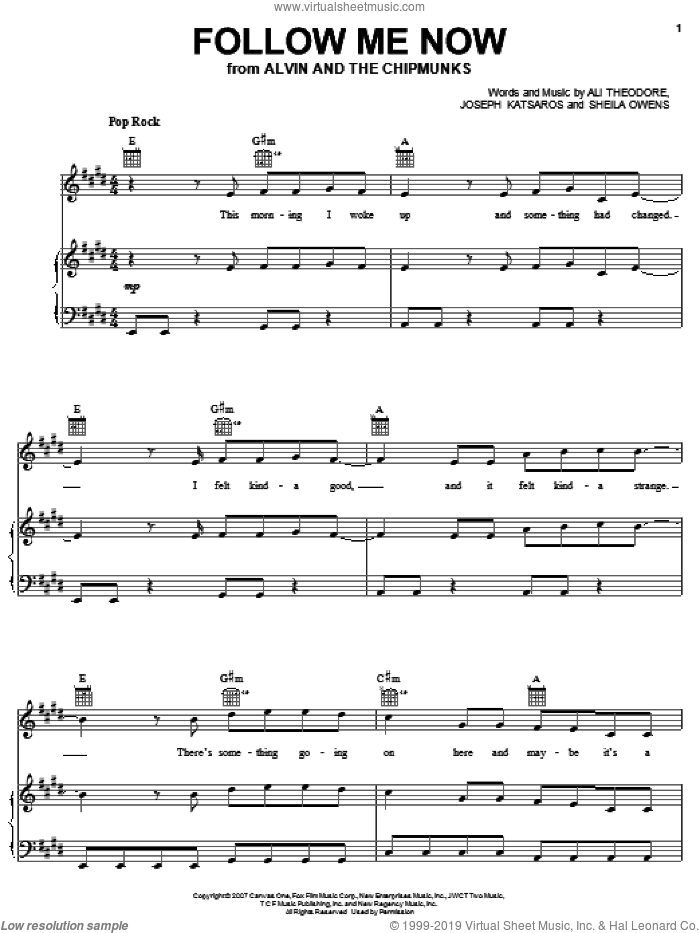 Follow Me Now sheet music for voice, piano or guitar by Alvin And The Chipmunks, Alvin And The Chipmunks (Movie), Ali Theodore, Joseph Katsaros and Sheila Owens, intermediate skill level