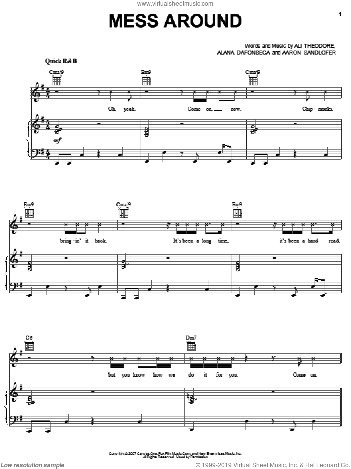 Mess Around sheet music for voice, piano or guitar by Alvin And The Chipmunks, Alvin And The Chipmunks (Movie), Aaron Sandlofer, Alana Dafonseca and Ali Theodore, intermediate skill level