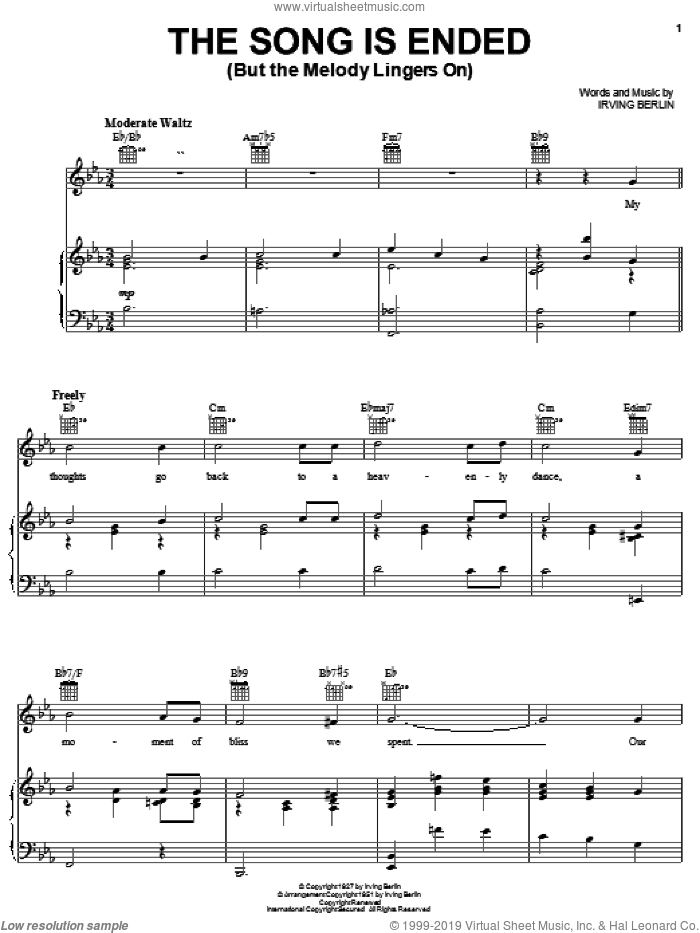 The Song Is Ended (But The Melody Lingers On) sheet music for voice, piano or guitar by Louis Armstrong, Connie Francis, Dinah Washington and Irving Berlin, intermediate skill level