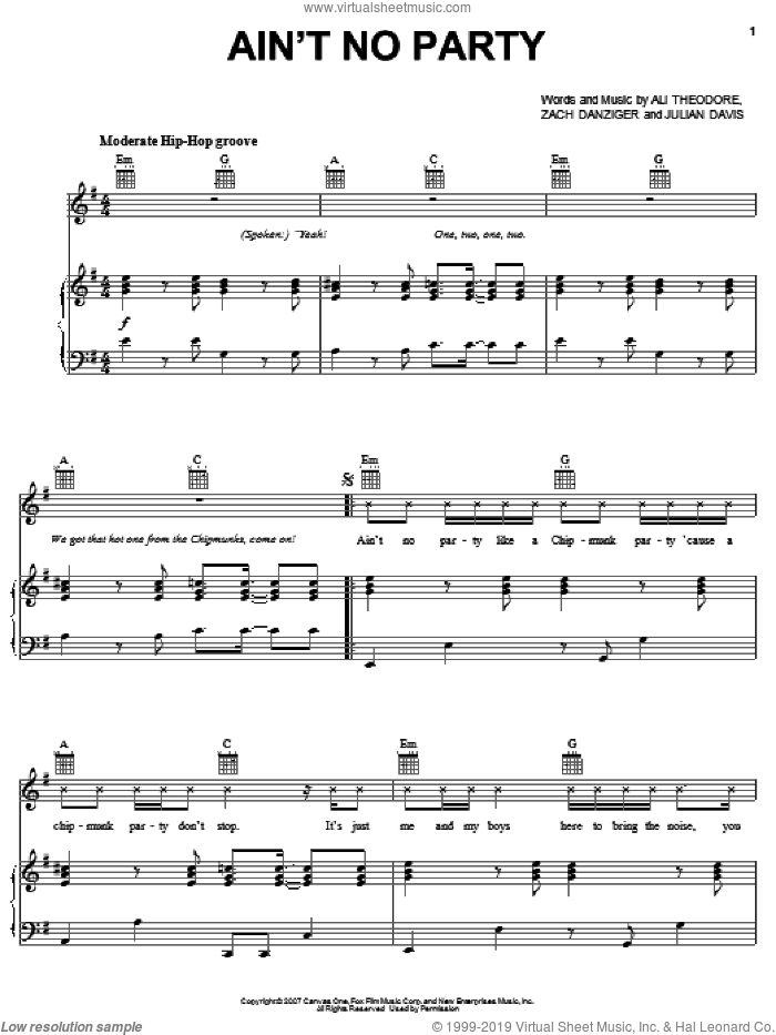 Ain't No Party sheet music for voice, piano or guitar by Alvin And The Chipmunks, Alvin And The Chipmunks (Movie), Ali Theodore, Julian Davis and Zach Danziger, intermediate skill level