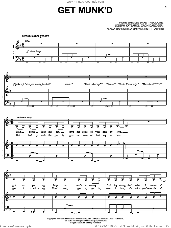 Get Munk'd sheet music for voice, piano or guitar by Alvin And The Chipmunks, Alvin And The Chipmunks (Movie), Alana Dafonseca, Ali Theodore, Joseph Katsaros, Vincent T. Alfieri and Zach Danziger, intermediate skill level
