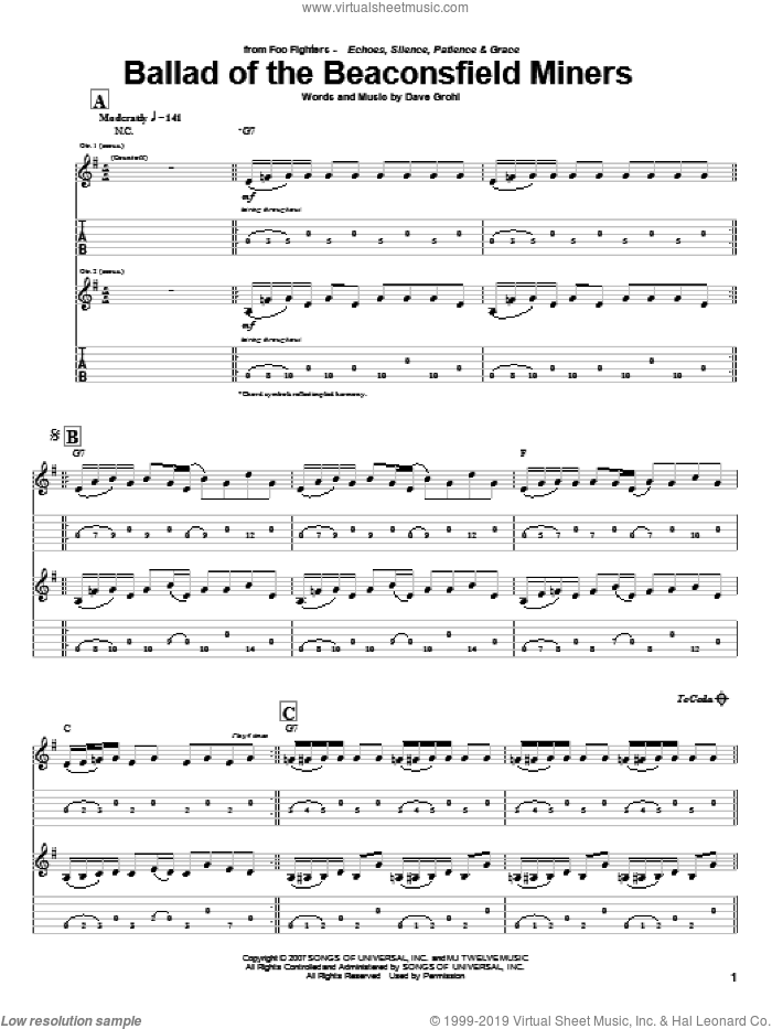 Ballad Of The Beaconsfield Miners sheet music for guitar (tablature) by Foo Fighters and Dave Grohl, intermediate skill level