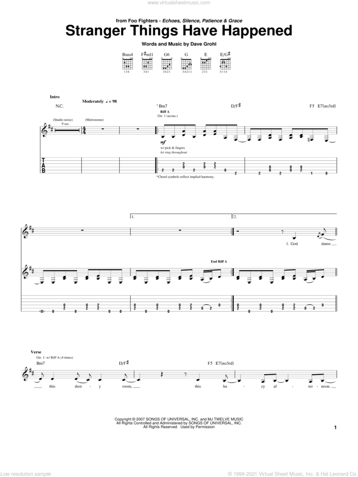 Stranger Things Have Happened sheet music for guitar (tablature) by Foo Fighters and Dave Grohl, intermediate skill level