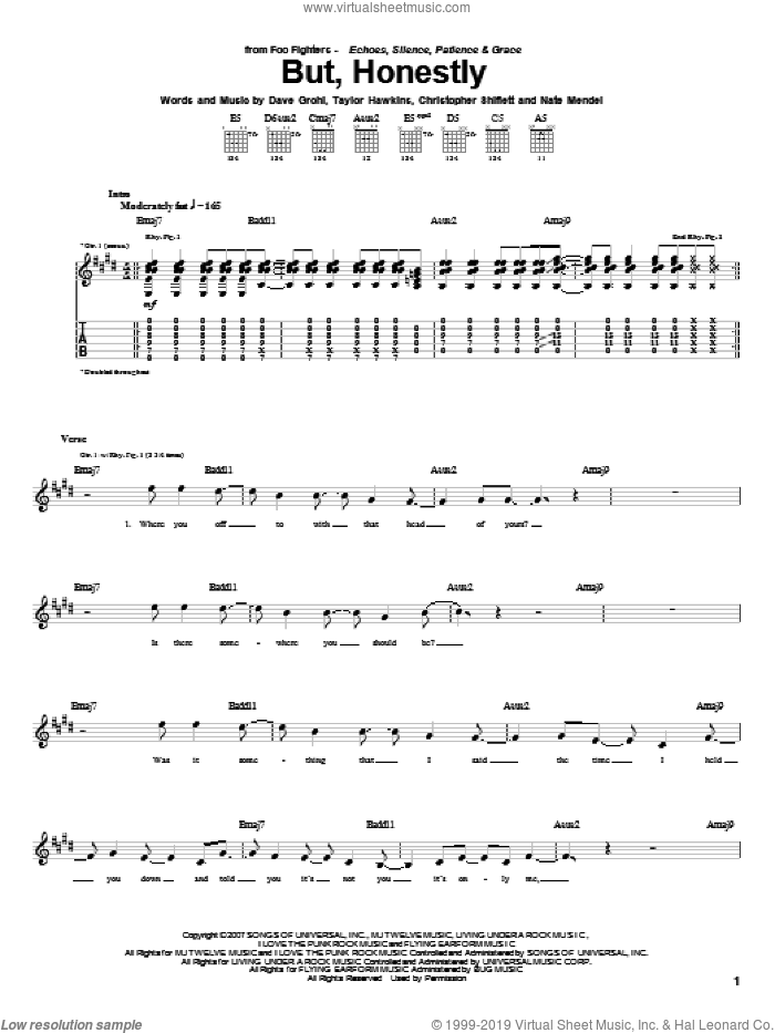 But, Honestly sheet music for guitar (tablature) by Foo Fighters, Christopher Shiflett, Dave Grohl, Nate Mendel and Taylor Hawkins, intermediate skill level