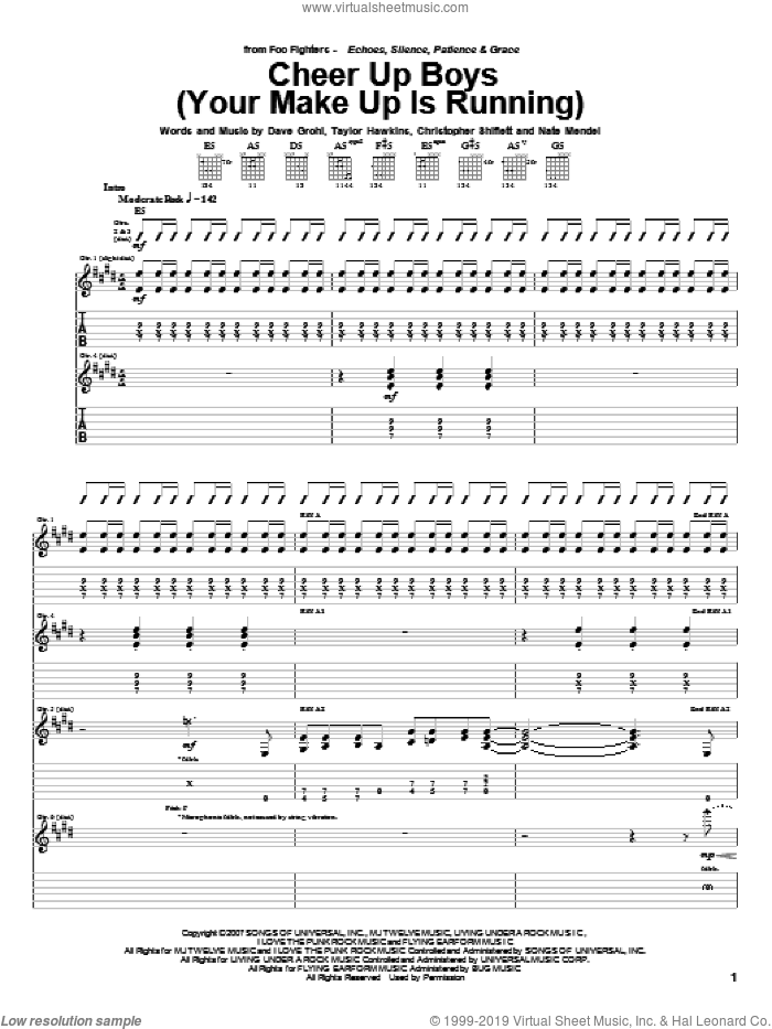Cheer Up Boys (Your Make Up Is Running) sheet music for guitar (tablature) by Foo Fighters, Christopher Shiflett, Dave Grohl, Nate Mendel and Taylor Hawkins, intermediate skill level